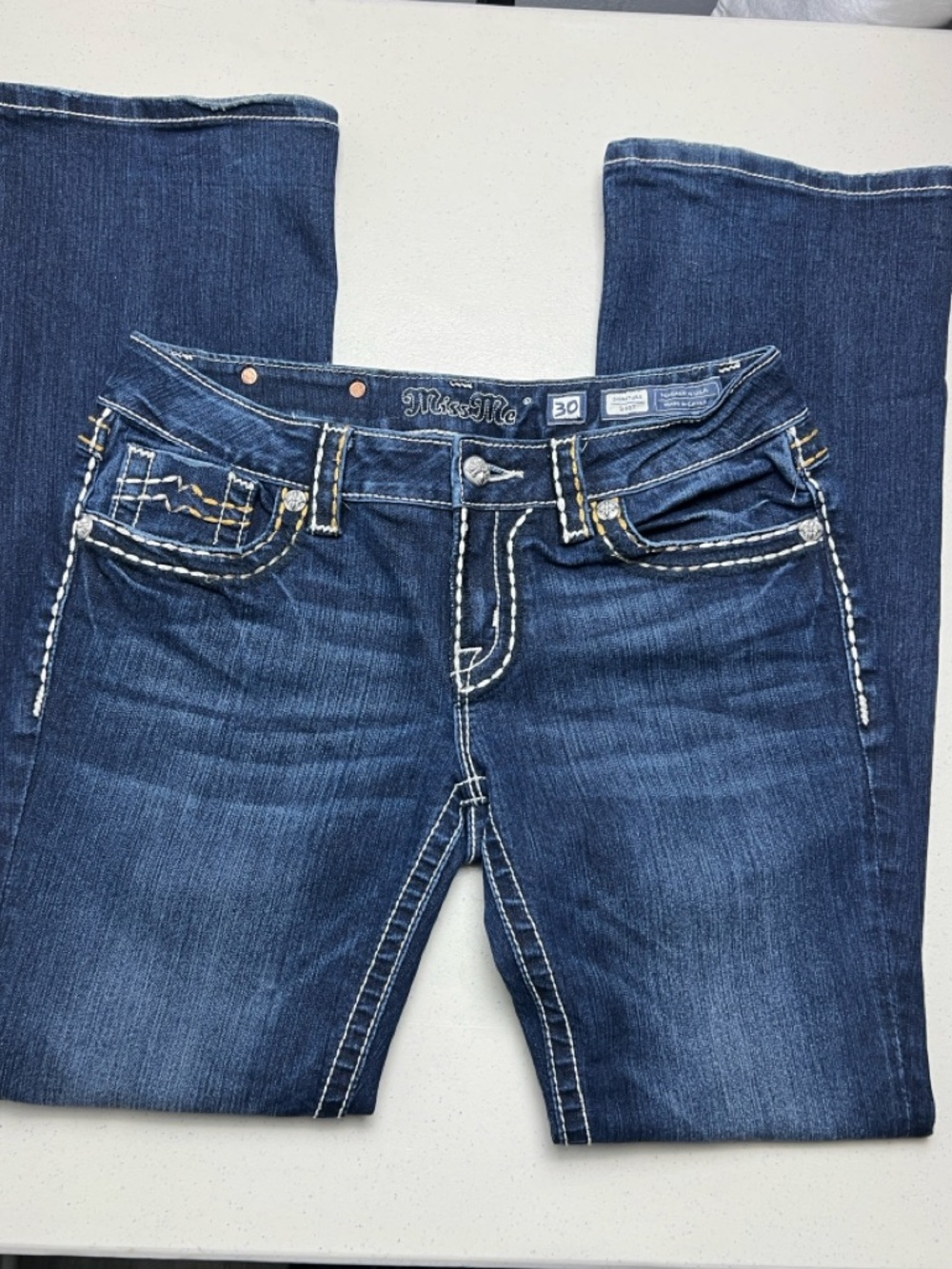 Miss Me Signature Boot Blue Jeans Sz 30 Embellished Flap Pockets (32" Inseam)